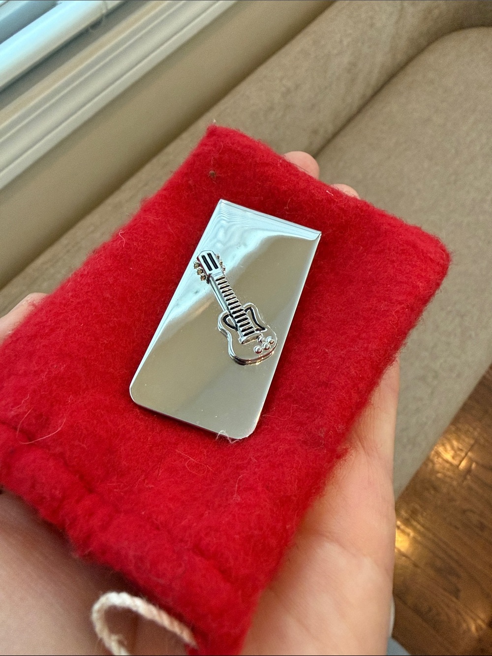 Silver Guitar Motif Money Clip with Red Sleeve